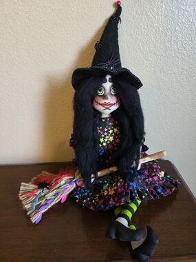 Handmade Halloween Witch Doll with Multicolor Star Dress